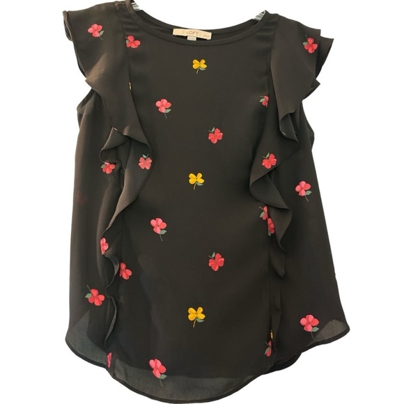 LOFT top, MP, black with yellow and red flowers , flutter sleeve and ruffles. - Picture 1 of 6